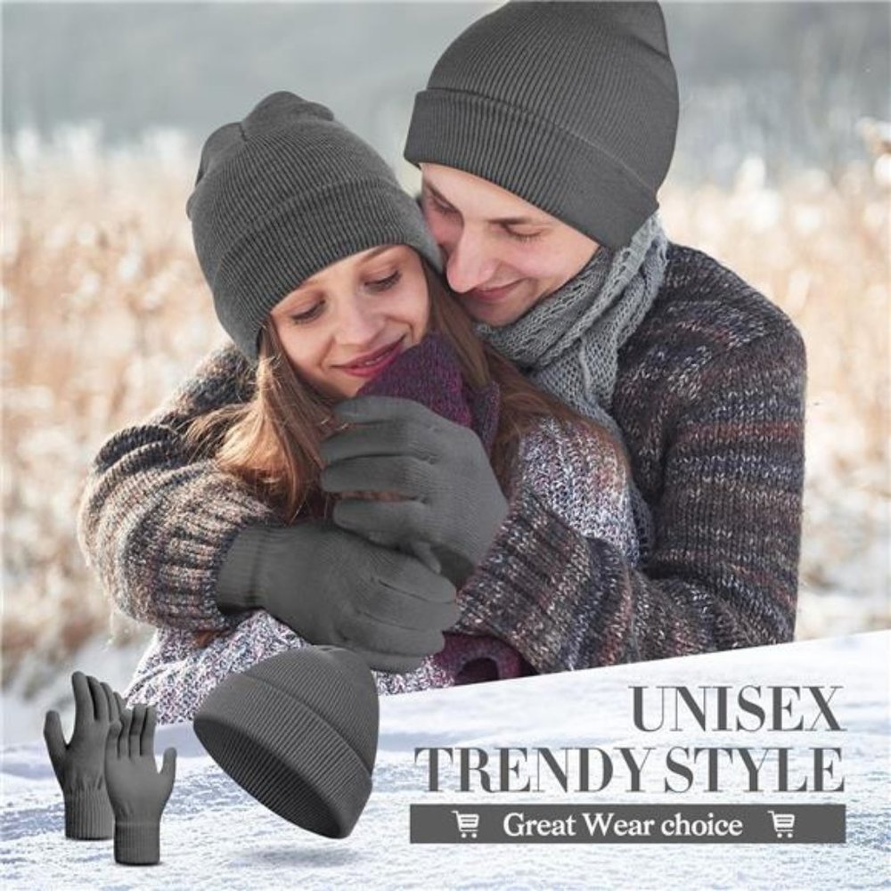 2 Pcs Shiny Match Winter Beanie Hat Gloves Set, Soft Knitted Hat Stretchy Gloves - Picture 7 of 8
